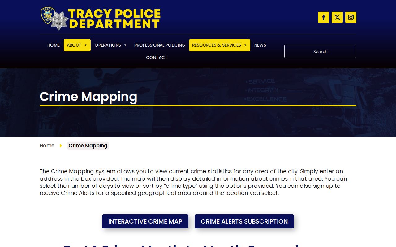 Tracy Police crime mapping interface with location and incident filters