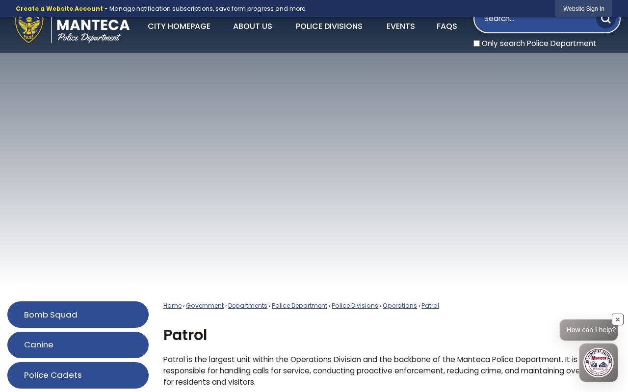 Manteca Police Patrol page with department information and activity navigation