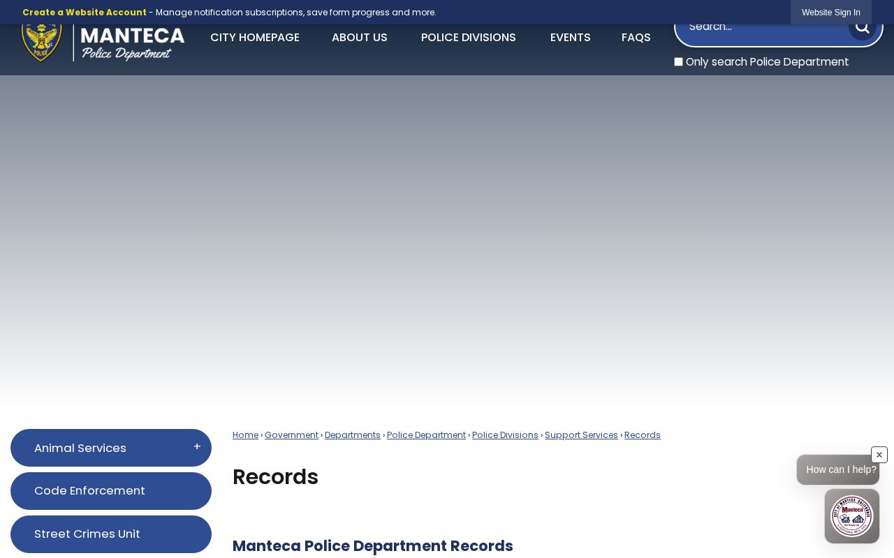 Manteca Police Records Unit page with records contact details